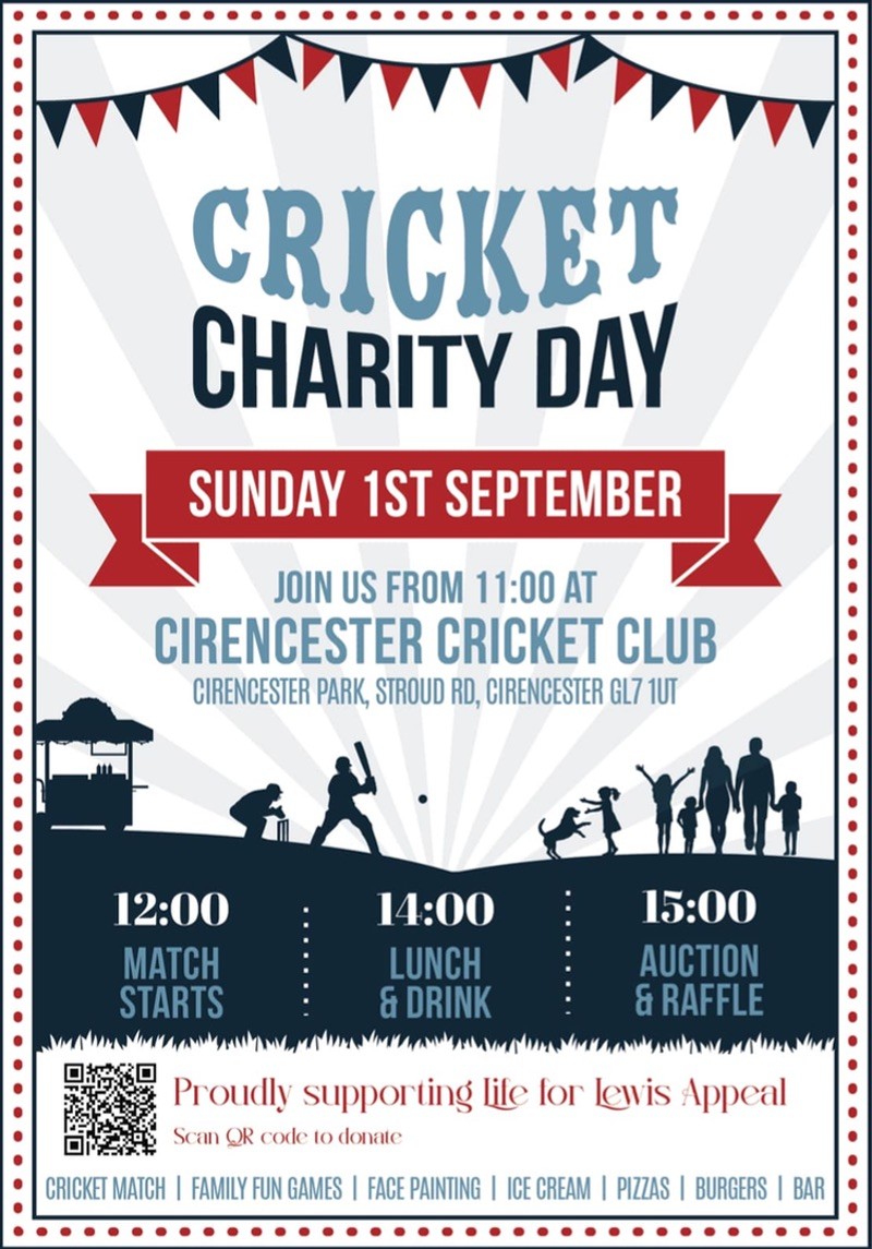 Charity Cricket game at Cirencester CC on Sunday 1st Sept 24